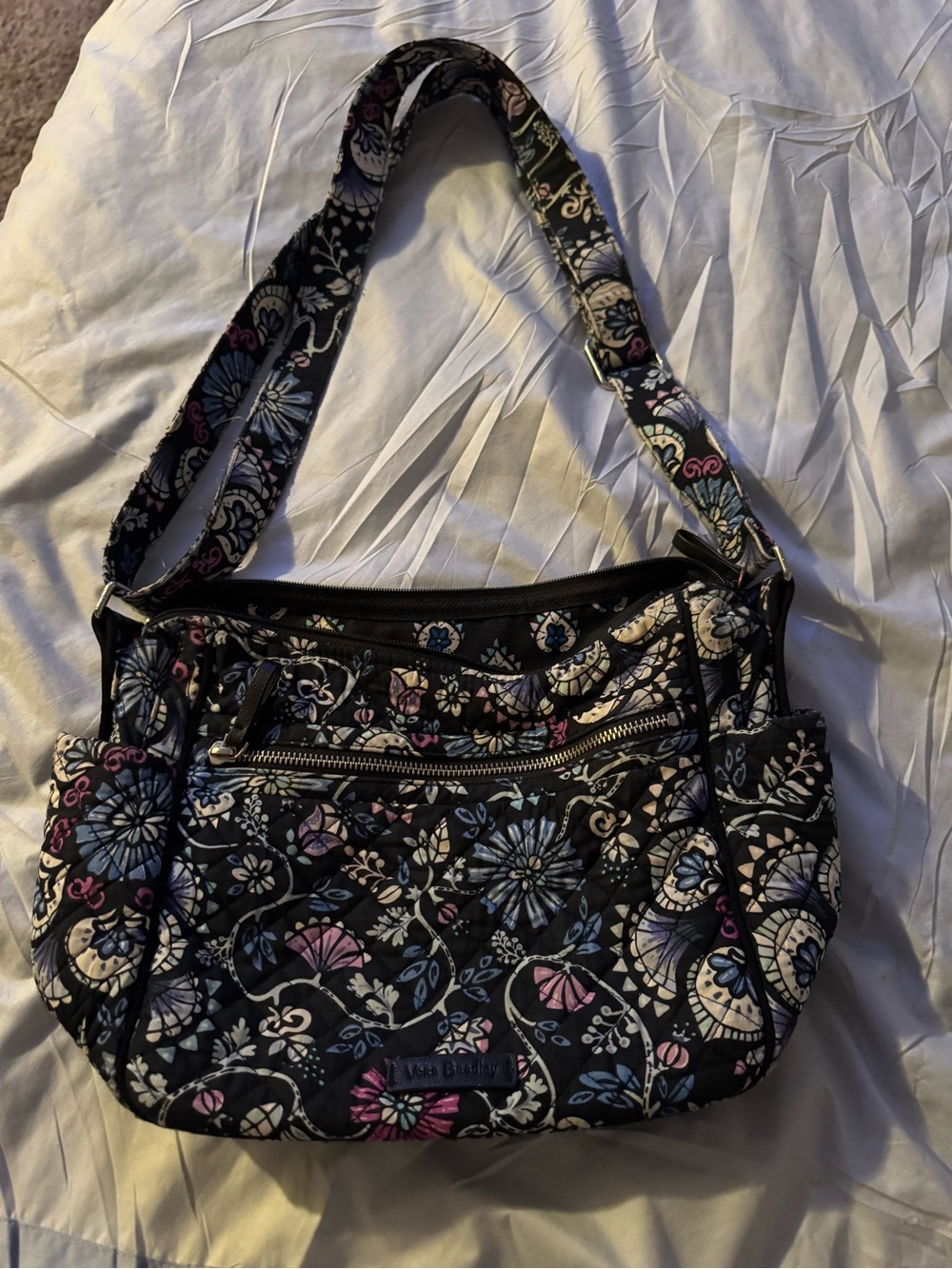 Vera Bradley Black Quilted Shoulder Bag with Blue & Pink Floral Print